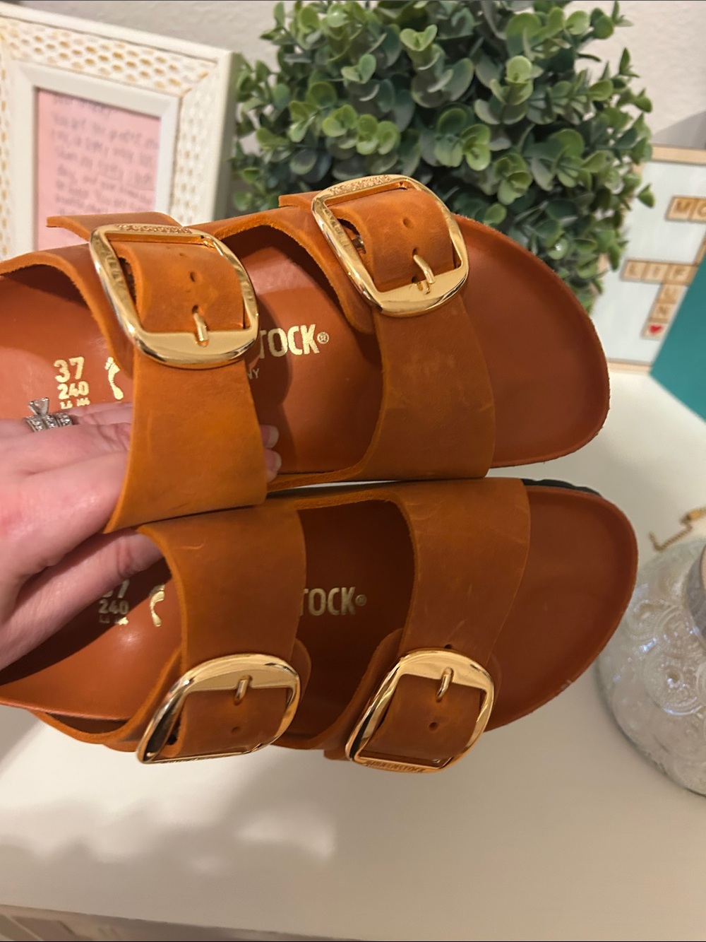 Birkenstock 37 Arizona Orange Leather Double Buckle Slide Sandals NWOT - Picture 4 of 7